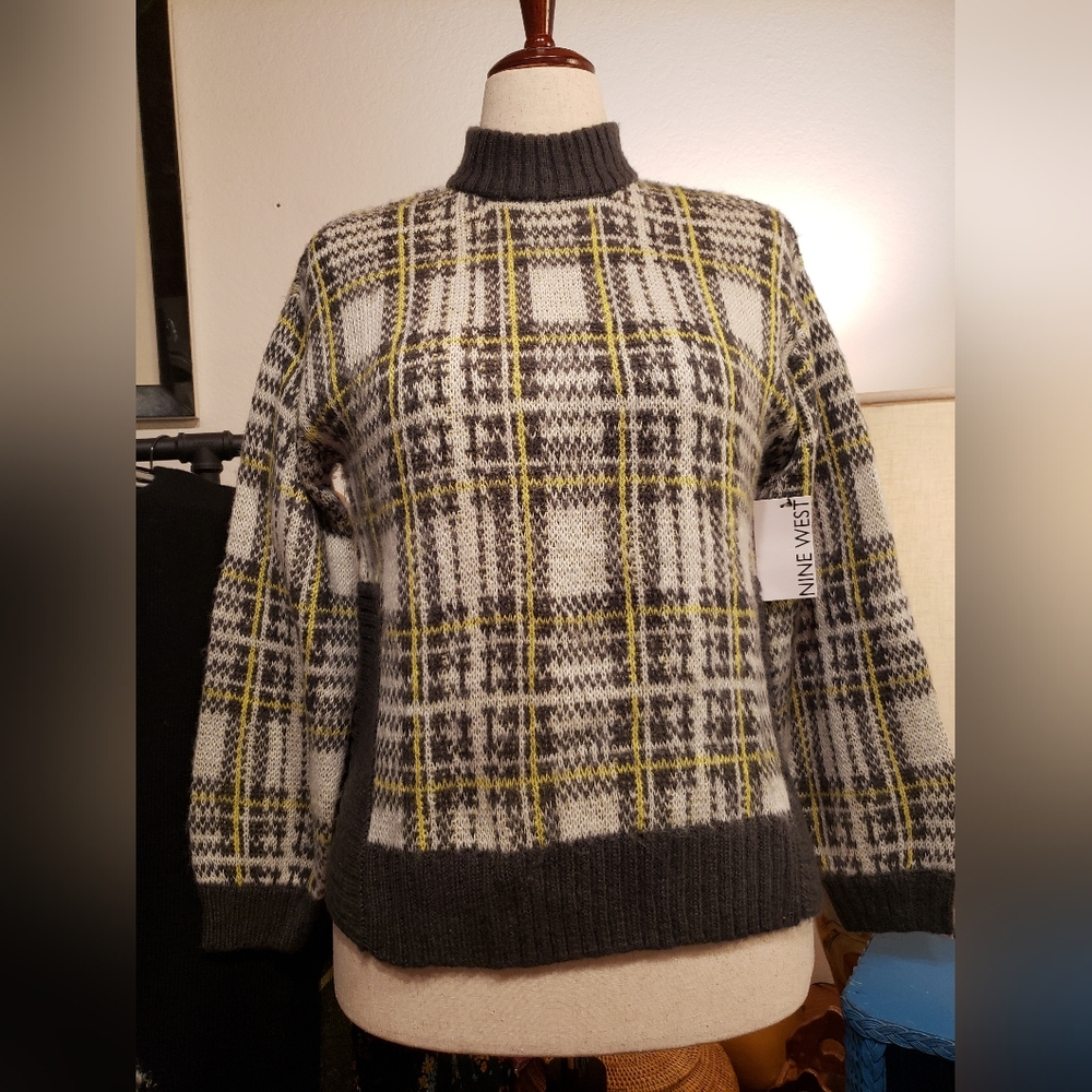 Nine West Black and Yellow Plaid Turtleneck Sweater